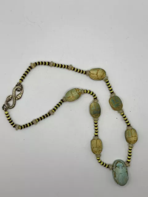 Egyptian Revival Faience Scarab Necklace Sterling Silver Vermeil Snake Clasp