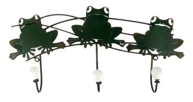 Rustic Green Metal Frog Coat Hat Rack 3 Ceramic Knobs Hooks Decor Wall Mount