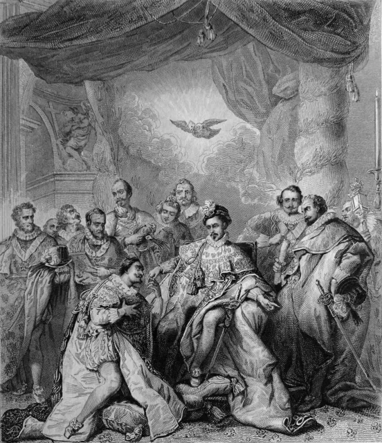The King of FRANCE HENRI II founding the ORDER of the HOLY SPIRIT in 1579 - 19th engraving