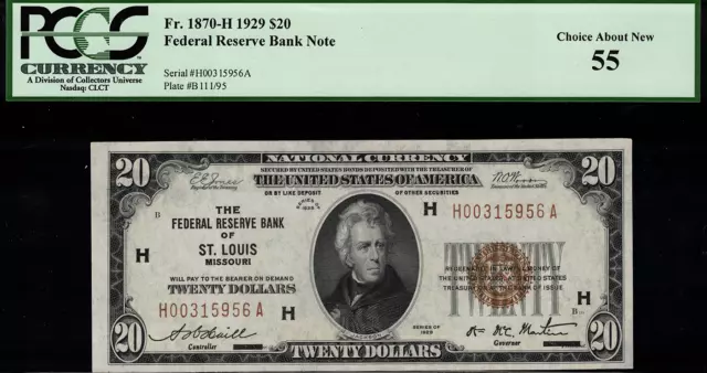 1929 $20 Federal Reserve Bank Note - St. Louis - FR.1870-H - Graded PCGS 55