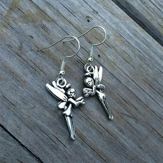 Silver Fairy Dangle Earrings  Tinkerbell Pixie Magical Charm -  Gift Boxed