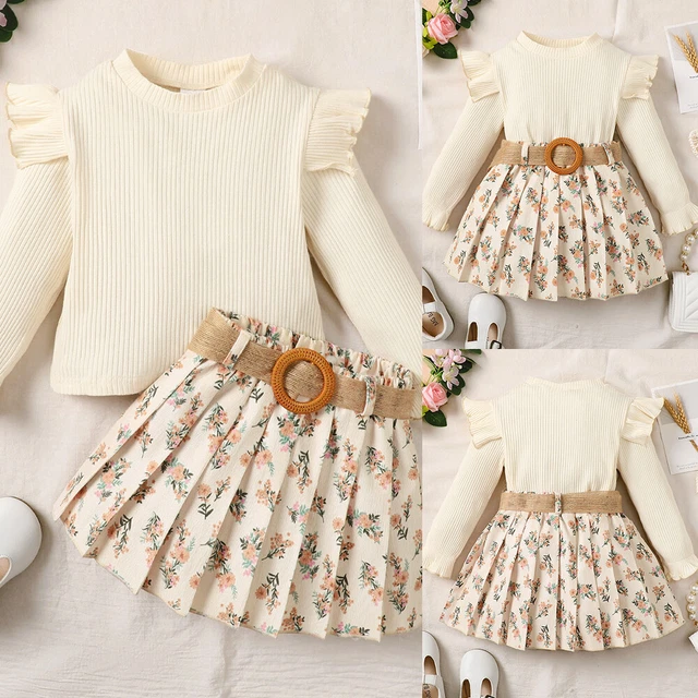 Kids Baby Girls Ruffle Ribbed Tops Floral Skirt Dress Outfits Set Party Clothes