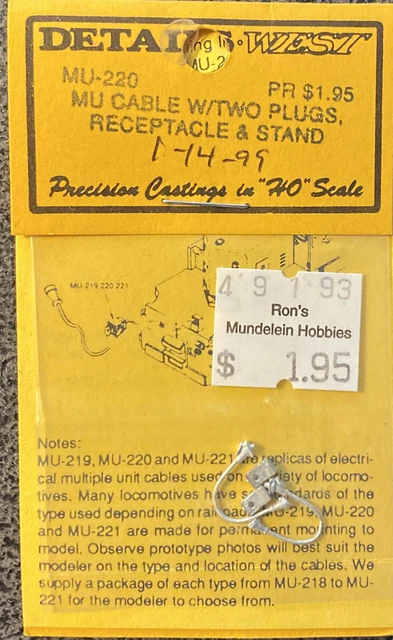 Details West 219 HO Scale MU Cable W/ Receptacle Plug & Stand
