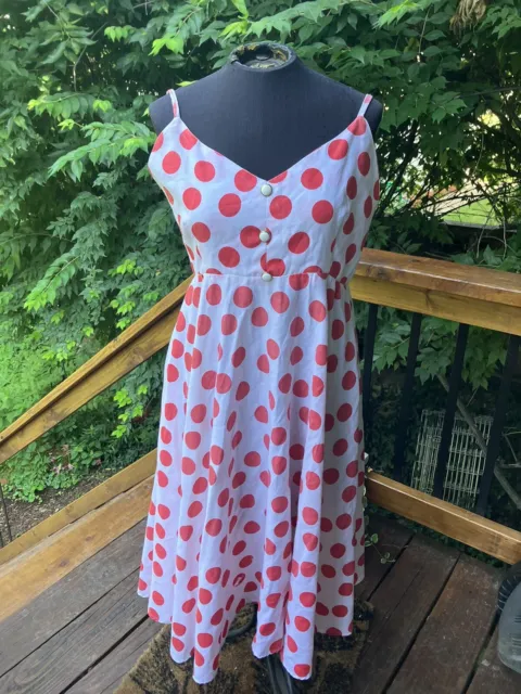Vintage 80s Large Red White Polka Dot Cotton Sun Dress Fit and Flare 1980s