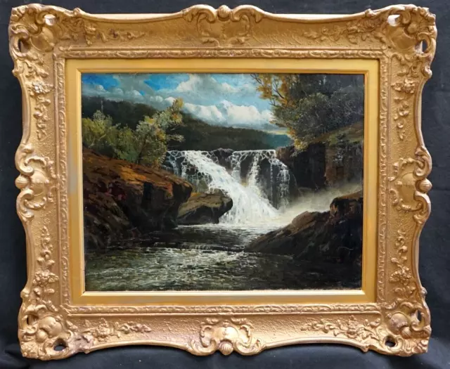 FINE c1895 WATERFALL IN WOODED LANDSCAPE SIGNED & DATED Antique Oil Painting