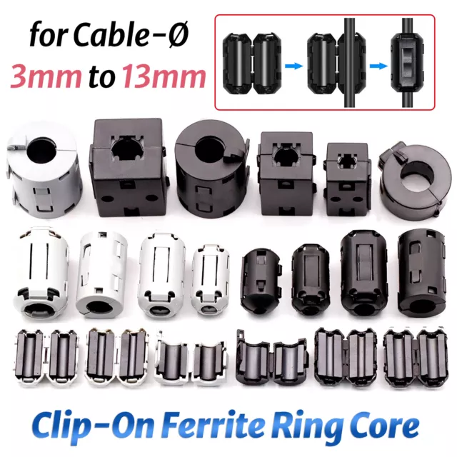 Clip-On Ferrite Ring Core Noise Suppressor EMI RFI Clip Cable Black/Grey