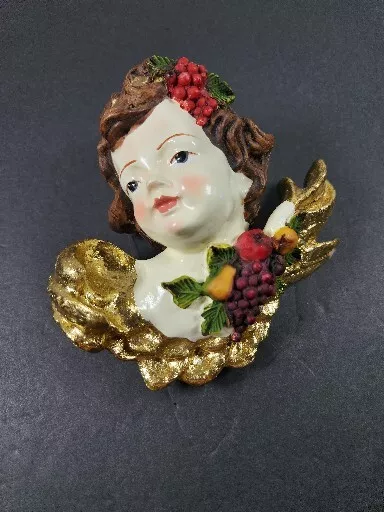 Vintage Angel fruit guilded Gold Christmas Ornament Department 56 Cherub Face