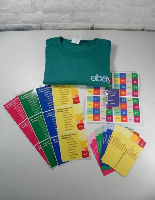 Ebay 25th Anniversary T Shirt 2XL Teal Pins Stickers Postcards New