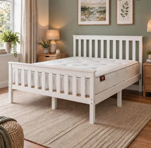 WHITE WOODEN SMALL Double Bed Frame, Slatted Foundation, Headboard ...