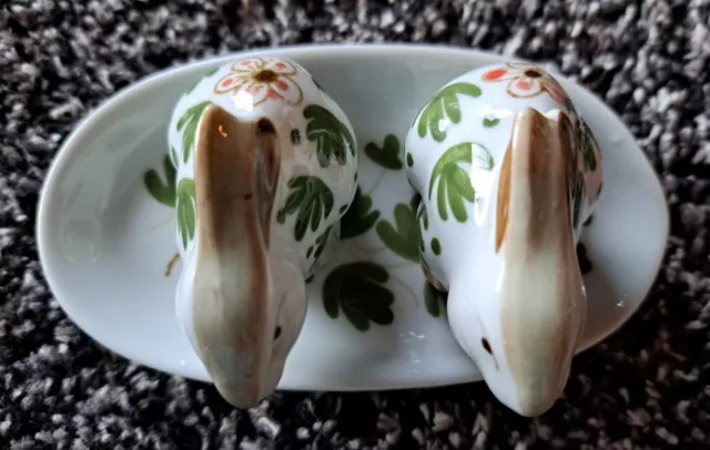 Vintage Rabbit Salt & Pepper Shakers - Two Bunnies w/ Plate, Hand Painted Floral