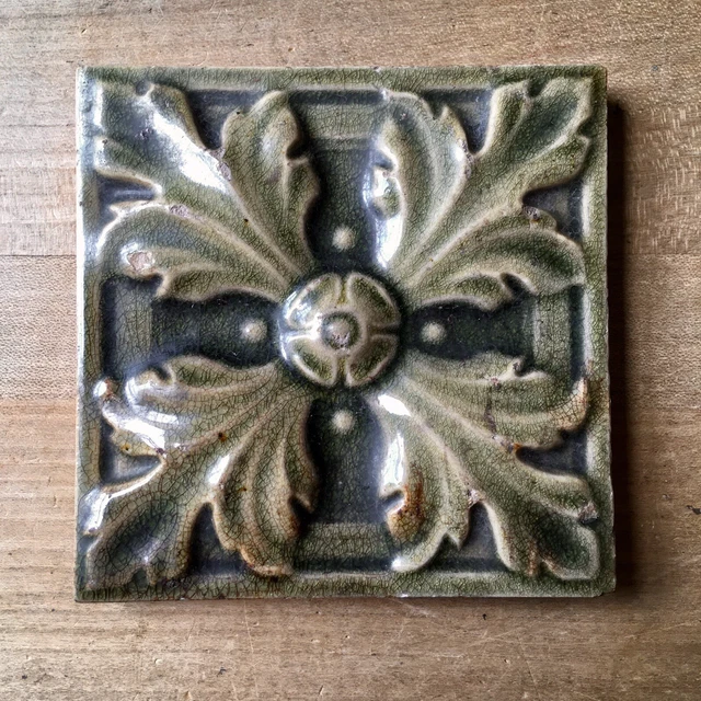 Antique Victorian Tile Green Majolica Glazed - 4 1/4”