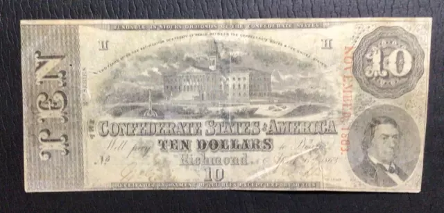 1864 $10 US Confederate States of America! FINE Crispness! Old US Paper Currency