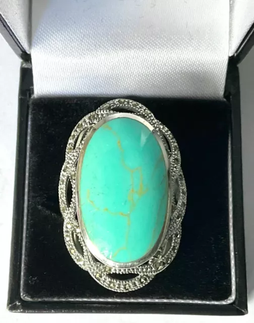 Sterling Silver Big Turquoise Marcasite Statement Ring Victorian Style Q 1/2 BN