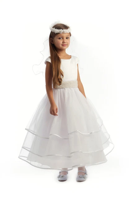 First Communion White Flower Girl Dress Cap Sleeved Wedding Pageant Bridesmaid