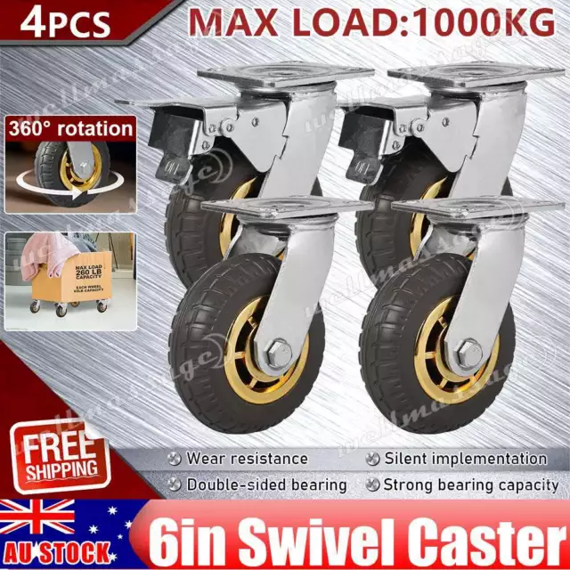 4X 6" 150mm Heavy Duty Swivel Caster Wheels Castor 1000KG,2 with Brakes 360° AU