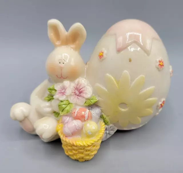 Vintage Resin White Rabbit Easter Bunny with Egg and Basket Flowers Figurine