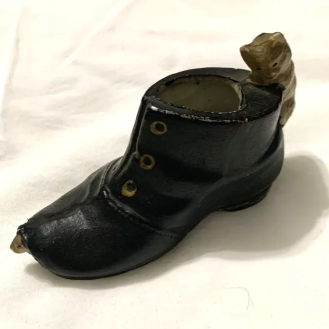 Vintage Antique “Puss In Boot” Ceramic Figurine with Cat and Mouse Black Shoe