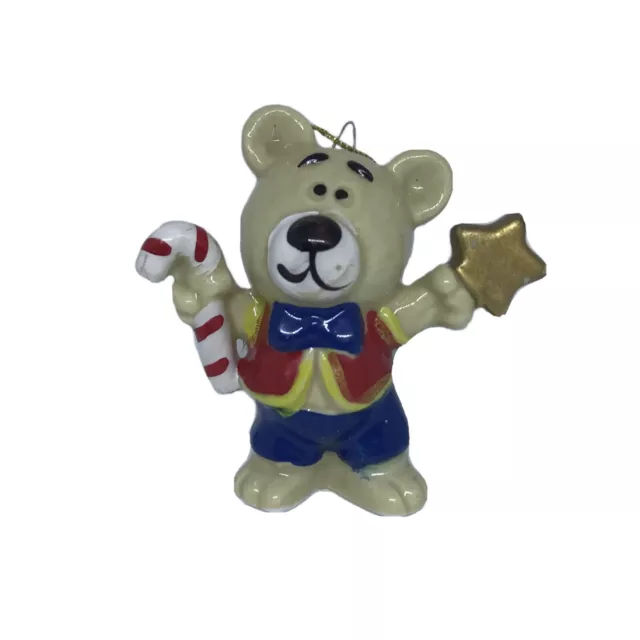 Christmas Decoration Ornament Bear 3” Holding Candy Cane And Star 2018