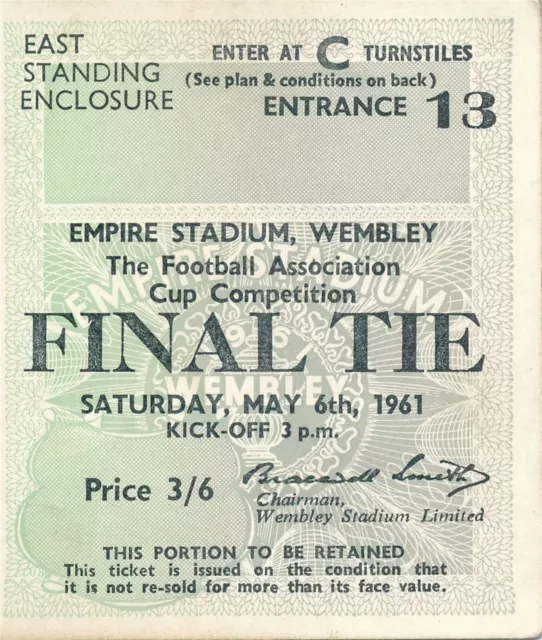 TICKET: FA CUP FINAL 1961 Tottenham v Leicester City - EXCELLENT