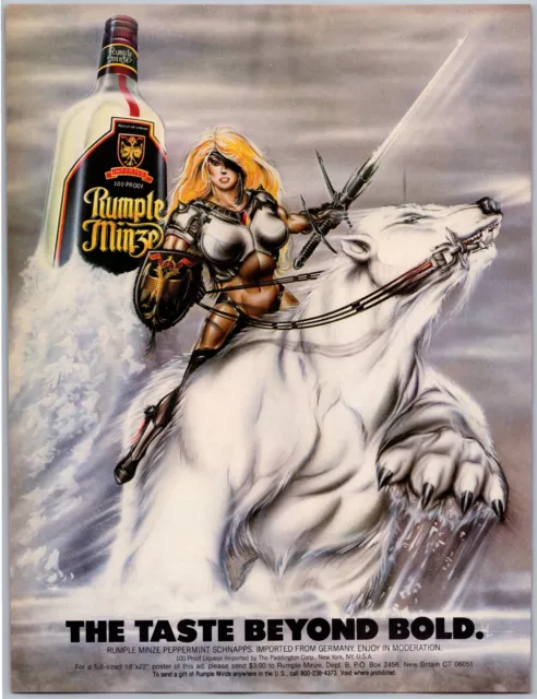 Rumple Minze Schnapps Warrior Women Polar Bear Vtg Dec, 1986 Full Page Print Ad