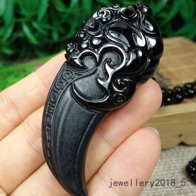 Certified Black Green Burma100%Natural A jadeite Jade Pendant~Dragon tooth墨翠辟邪龙牙