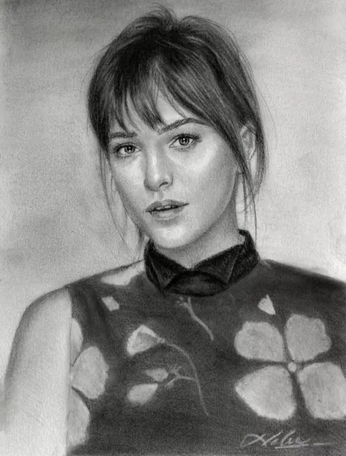 Dakota Johnson Retrato a lápiz Dibujo Fan Art usando lápices de carbón...