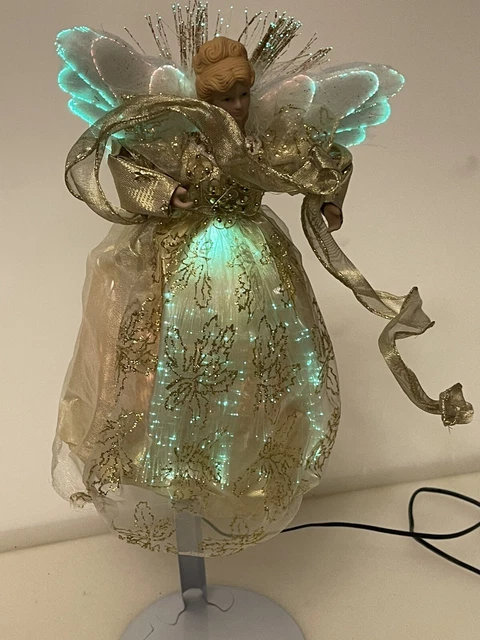 Vintage Porcelain FIBER OPTIC LIGHT UP TREE TOPPER Gold ANGEL 10” See Video
