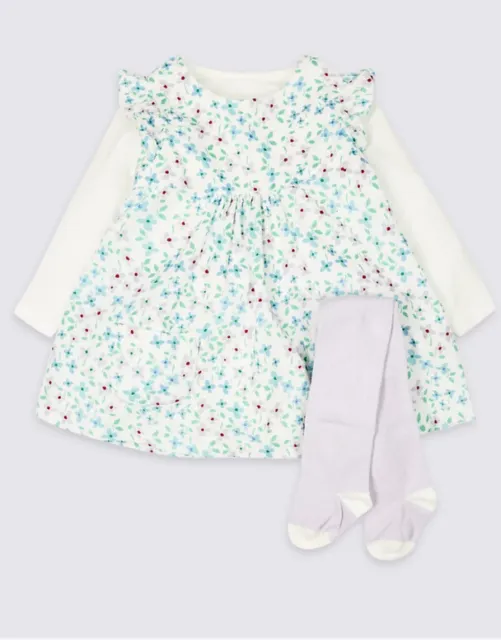 Brand New M&S Baby Girl 3 Piece Cord Dress & Bodysuit with Tights Set Size 3-6M
