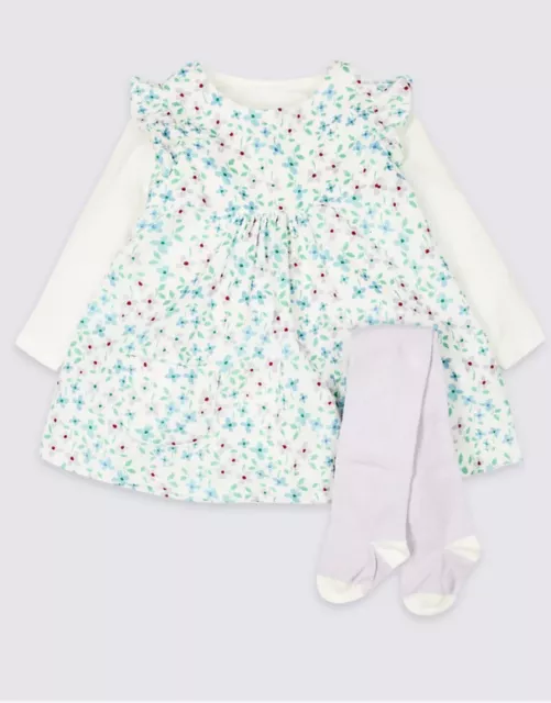 Brand New M&S Baby Girl 3 Piece Cord Dress & Bodysuit with Tights Set Size 3-6M