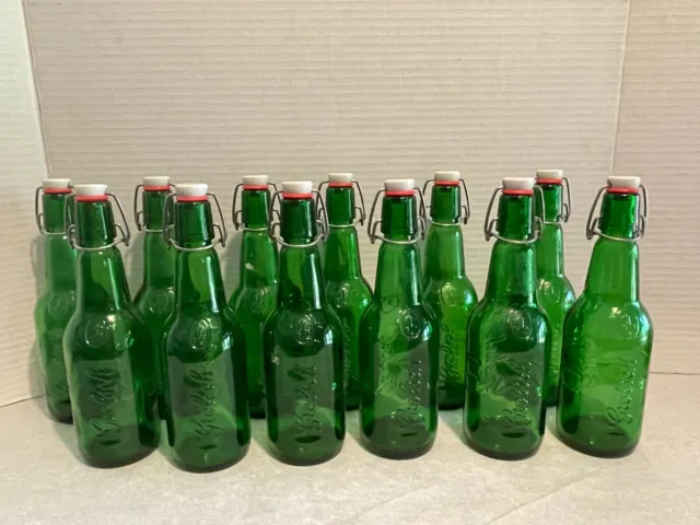 (12) Empty Embossed Grolsch Emerald Green Glass Beer Bottles Swing Top Home Brew
