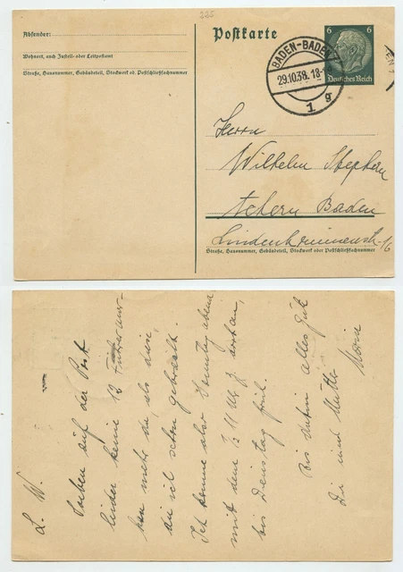106745 - Ganzsache P 226 - Postkarte - Baden-Baden 29.10.1938 nach Achern