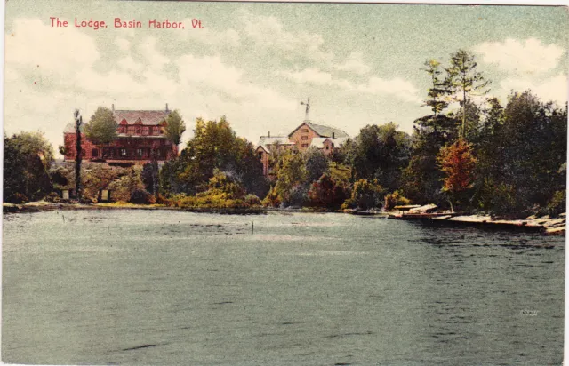 VERMONT: 1908 "BASIN HARBOR, VT" (DPO) on post card featuring "The Lodge"
