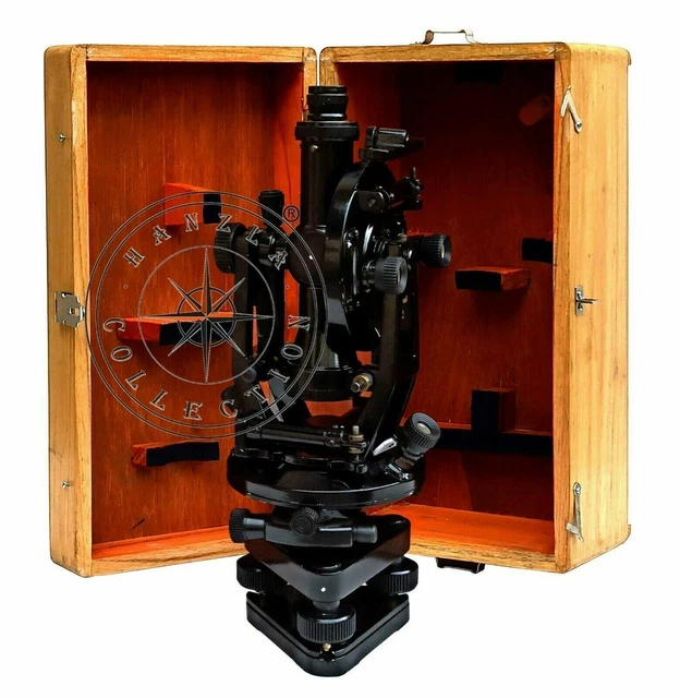 Antico nero Alidade Theodolite con scatola strumenti di rilevamento transito con scatola