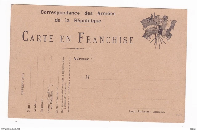 Carte en franchise militaire - Faisceau de 7 drapeaux - Imp. Puissant Amiens