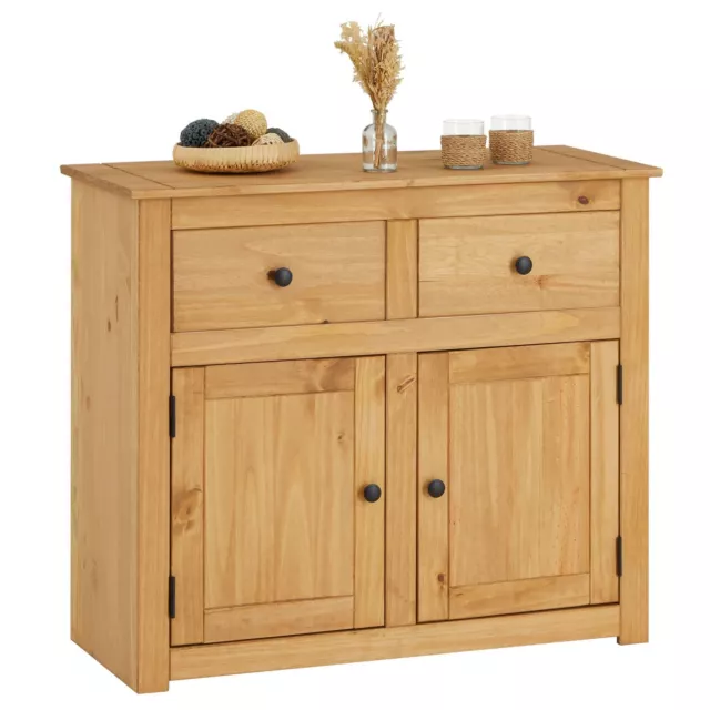 Buffet commode avec 2 portes et 2 tiroirs en pin massif finition teintée/cirée