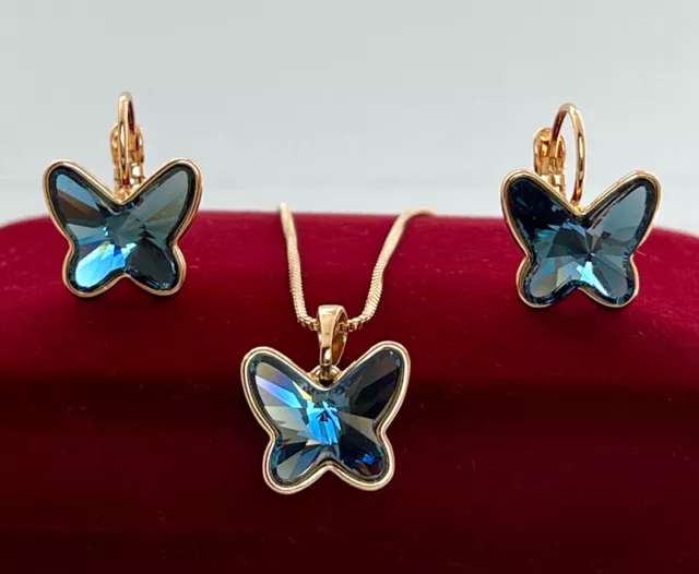 Luxe Papillons Set de Bijoux avec Cristal Cristaux 18K Plaqué Or Étui