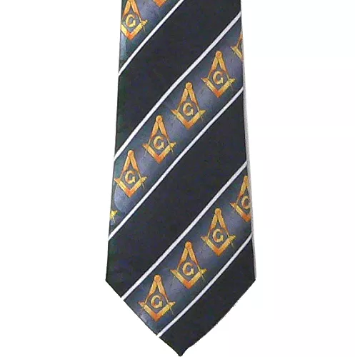 Masonic Neck Tie  Black Gold Compass & Square. Polyester White lines Freemasons