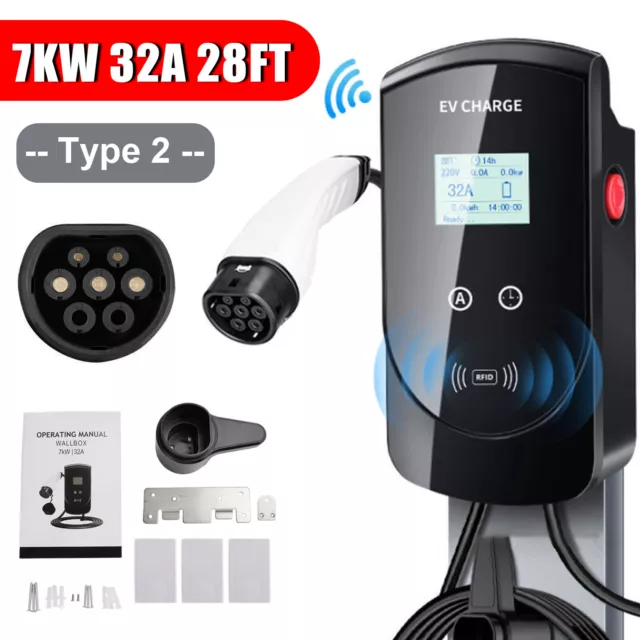 7KW 32A EV Charger Type 2 Home Electric Vehicle Charging Station Wallbox 28FT