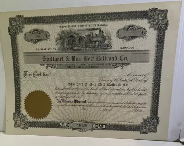 STUTTGART & RICE BELT RAILROAD CO. STOCK Certificate - 1910 Circa, Arkansas