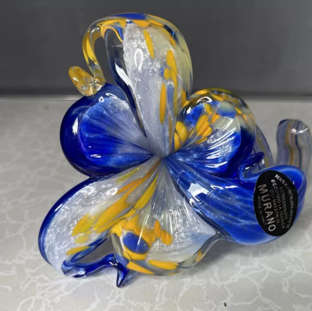 Murano Art Glass Hand Blown Flower Sculpture 14cm Blue Yellow