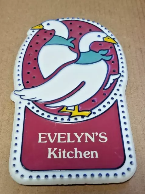 1987 White Burgundy Plastic Two Ducks Evelyn's Kitchen Refrigerator Magnet USA