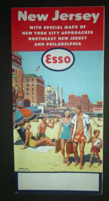 1956 1957  New Jersey  road map Esso oil gas Atlantic City Beach