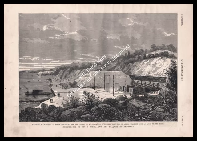 Gravure 1883 , Spézia (Italie) Expérience de Tir sur Plaques de Blindage