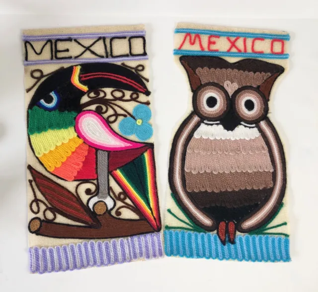 Vintage Tapestry Mexican Yarn Art Burlap OWL TUCAN Retro Vibrant Colors Cool