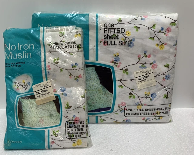 VINTAGE JCPENNEY MUSLIN Floral Full Fitted Sheet Pillowcases Flowers