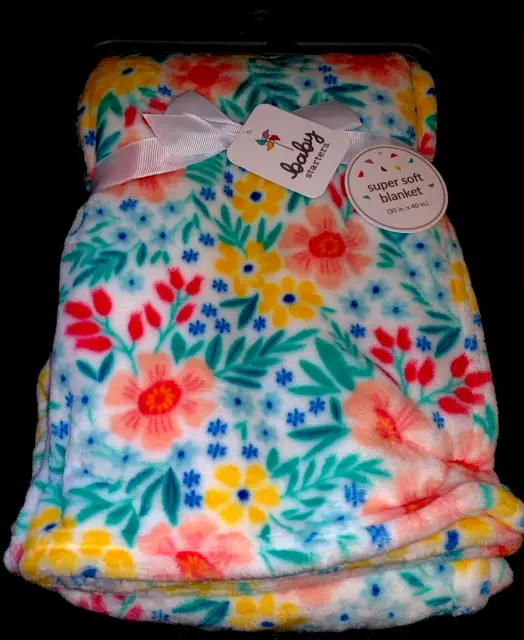 New!! Baby Girls White Floral "Baby Starters" Plush BLANKET sz 30" x 40" NWT