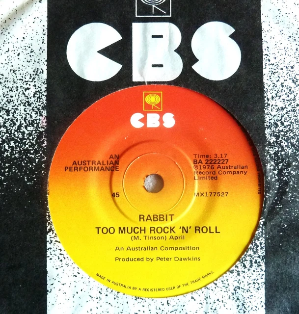 RARE EX- Rabbit~Too Much Rock 'N' Roll~(Ac/Dc)~1976 Cbs Australia 45 ...