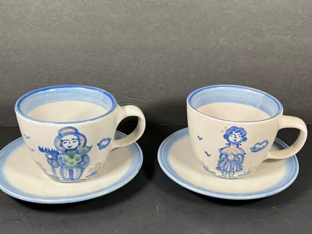 Pair of  MA Hadley Pottery Tea / Coffee Cups And Saucers Farmer and Wife