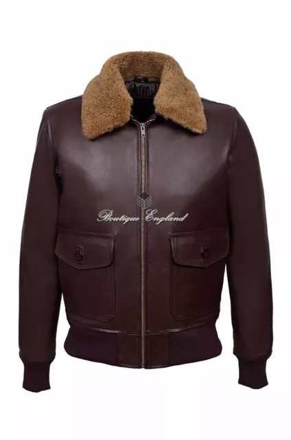 TOP GUN Mens Leather Jacket Brown Hide Fur Collared Pilot Aviator Bomber Jacket