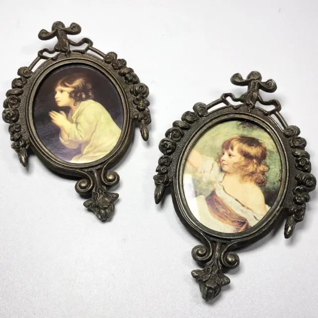 VTG Victorian Young Girl Prints Ornate Brass Metal Frames Italy Pair 6.5"x4"